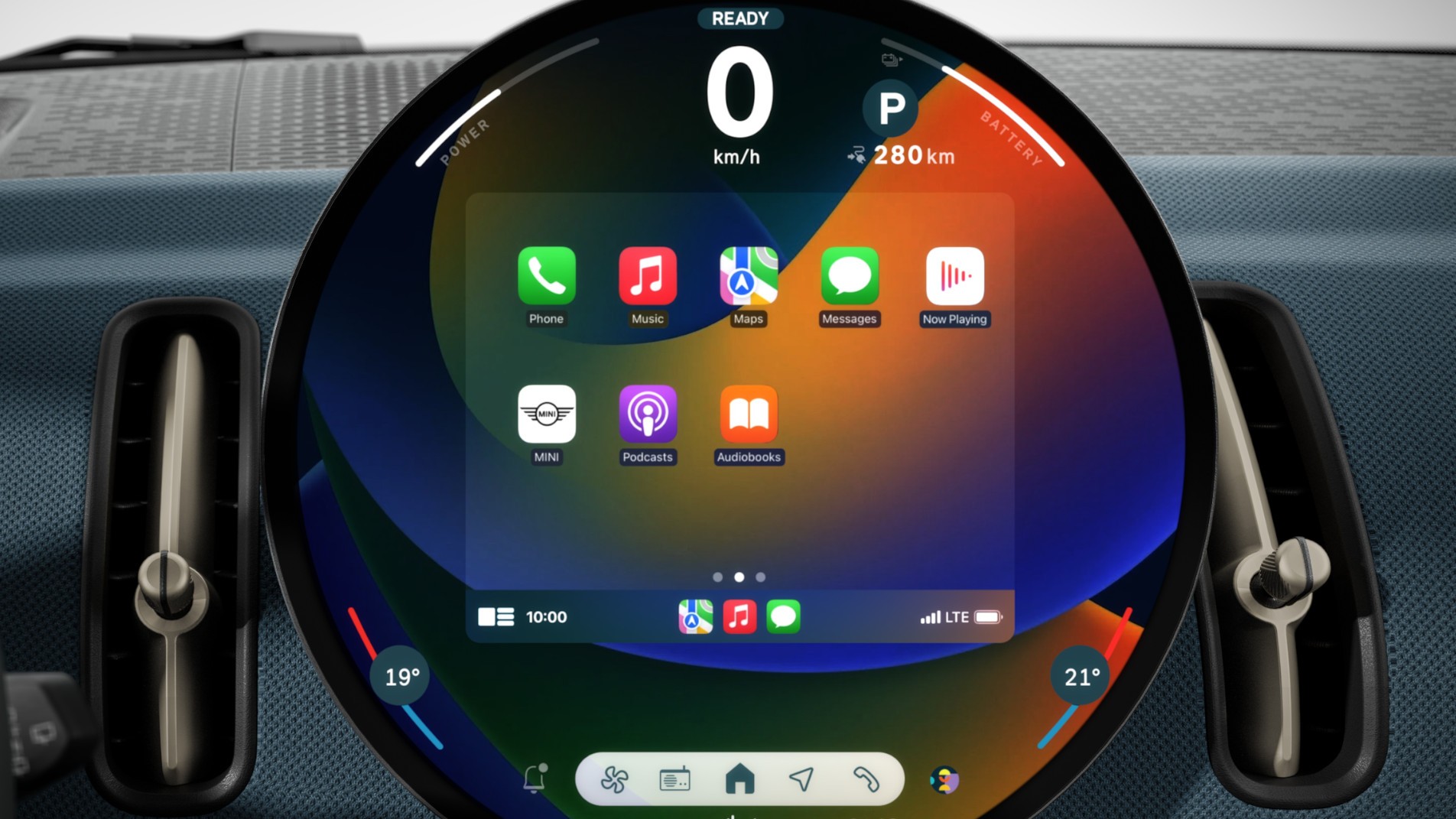MINI circular infotainment display showing smartphone integration apps such as Phone, Music, Maps, and Messages.